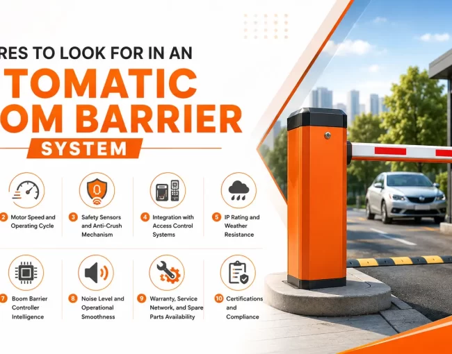 Automatic boom barrier system installed at a commercial parking entrance highlighting key features such as boom arm length, motor speed, safety sensors, access control integration, weather resistance, UPS backup, controller intelligence, operational smoothness, service support, and certifications.