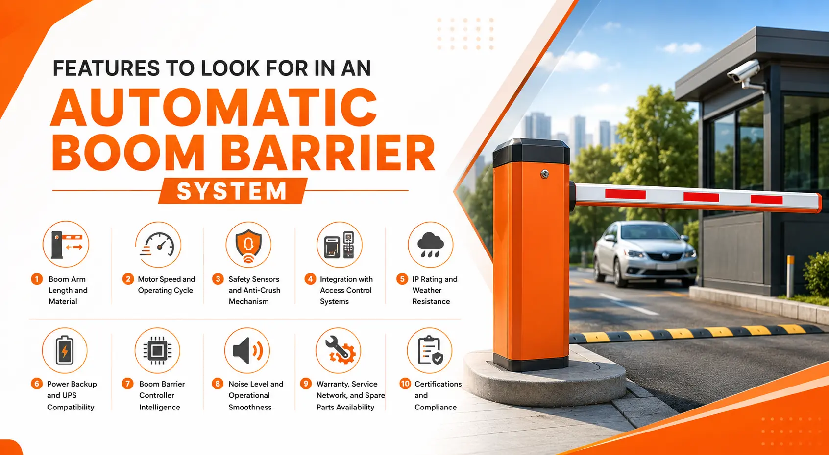 Automatic boom barrier system installed at a commercial parking entrance highlighting key features such as boom arm length, motor speed, safety sensors, access control integration, weather resistance, UPS backup, controller intelligence, operational smoothness, service support, and certifications.
