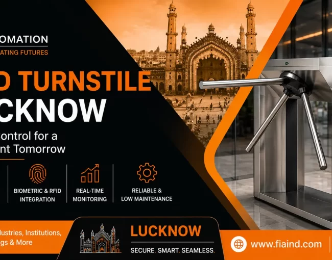 Modern tripod turnstile gate installation in Lucknow with RFID and biometric access control system for offices, industries, institutions, and commercial buildings by FIA.