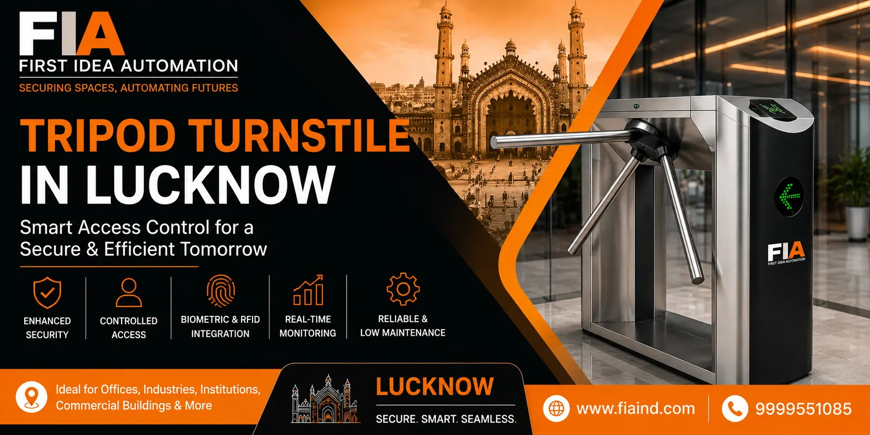 Modern tripod turnstile gate installation in Lucknow with RFID and biometric access control system for offices, industries, institutions, and commercial buildings by FIA.