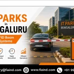 RFID boom barrier system controlling vehicle access at a modern IT park in Bengaluru for secure and automated entry management.