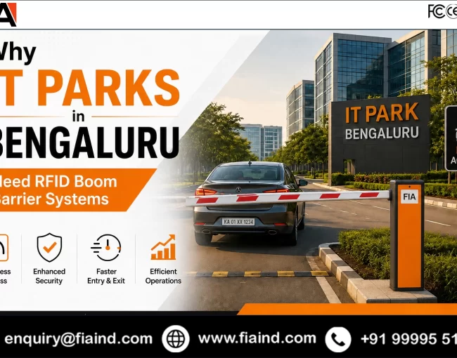 RFID boom barrier system controlling vehicle access at a modern IT park in Bengaluru for secure and automated entry management.