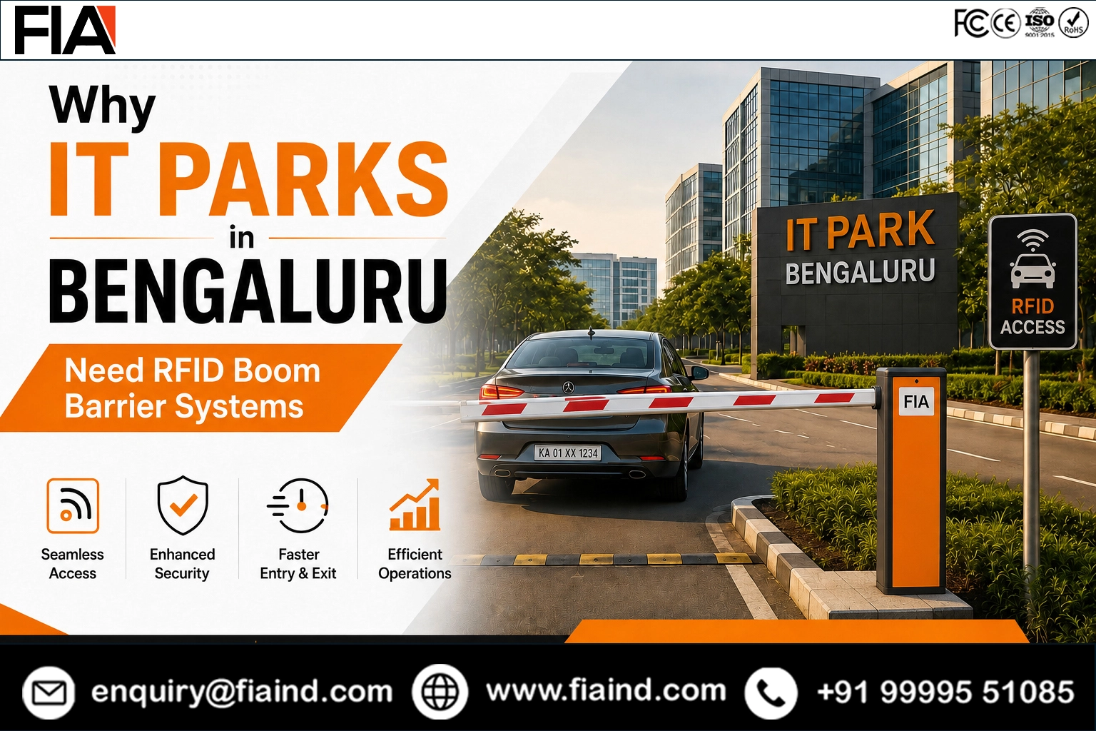 RFID boom barrier system controlling vehicle access at a modern IT park in Bengaluru for secure and automated entry management.