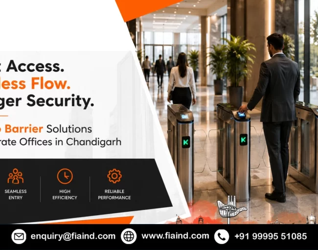 Professionals using a modern flap barrier access control system at a corporate office entrance in Chandigarh for secure and seamless employee entry.