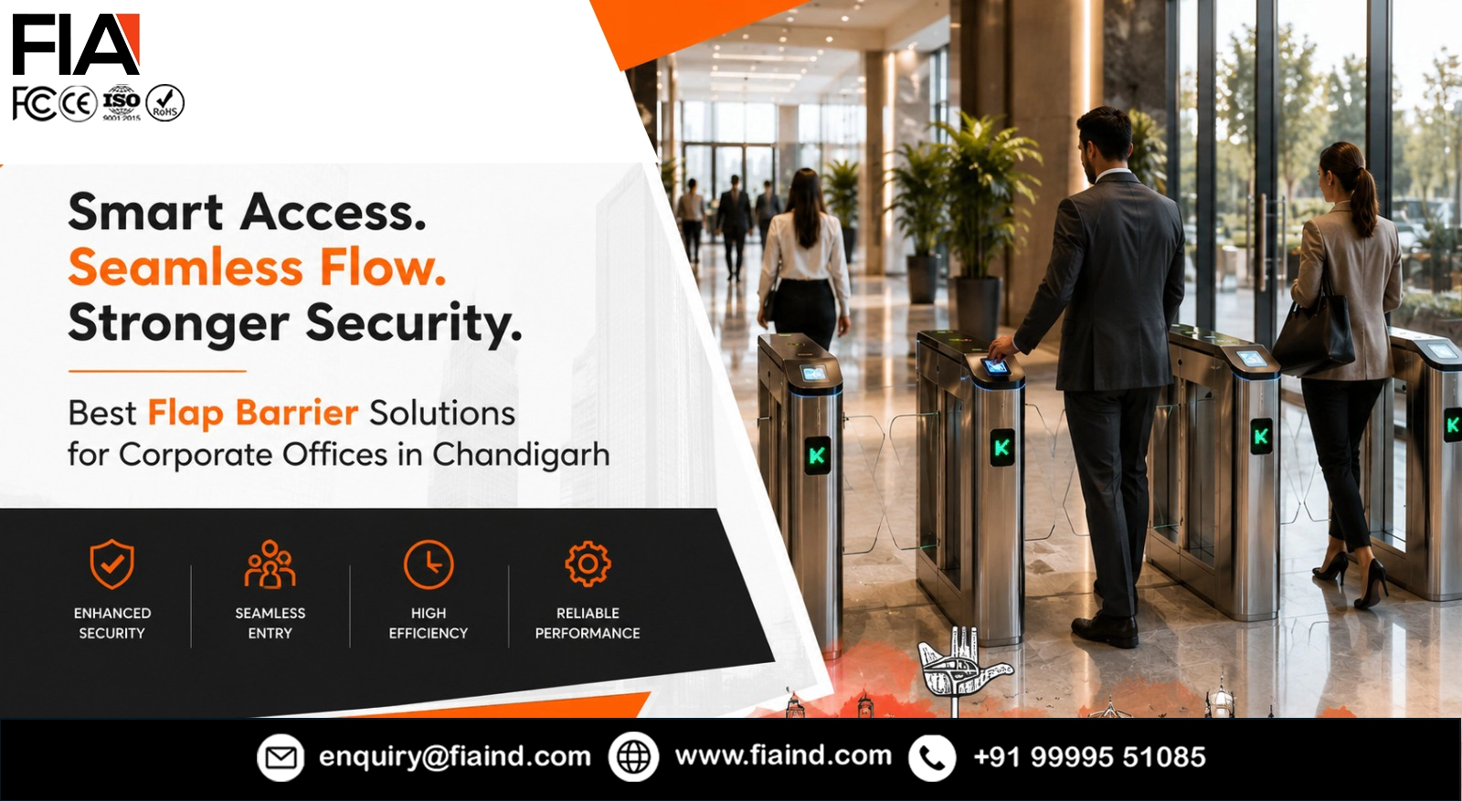 Professionals using a modern flap barrier access control system at a corporate office entrance in Chandigarh for secure and seamless employee entry.