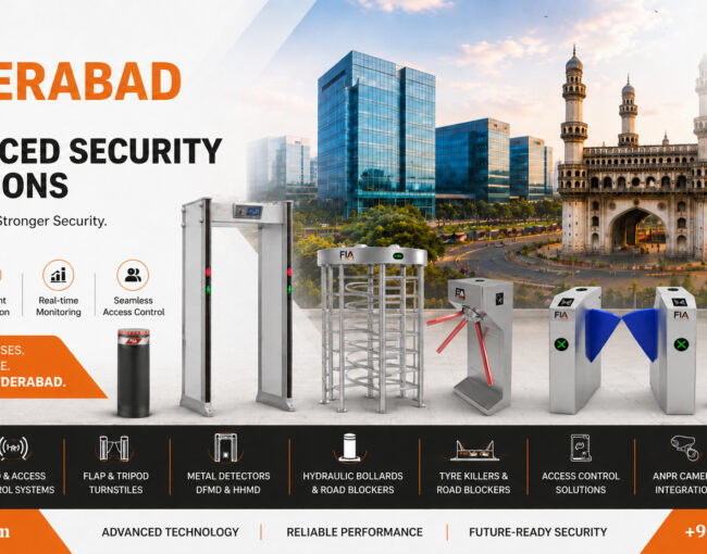 Advanced security solutions in Hyderabad featuring automatic boom barriers, RFID access control, flap barriers, tripod turnstiles, hydraulic bollards, road blockers, ANPR cameras, and metal detectors for commercial and industrial security.