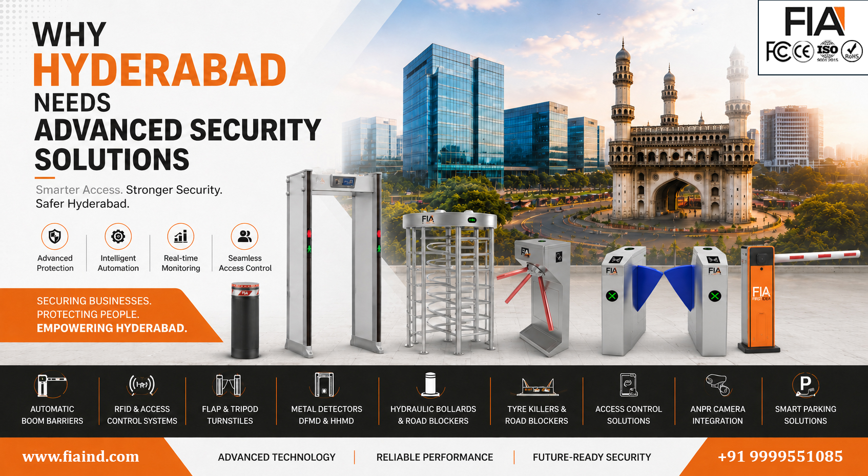 Advanced security solutions in Hyderabad featuring automatic boom barriers, RFID access control, flap barriers, tripod turnstiles, hydraulic bollards, road blockers, ANPR cameras, and metal detectors for commercial and industrial security.