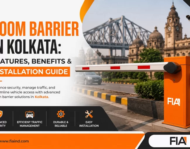 Automatic boom barrier installed in Kolkata for vehicle access control, parking management, and security by First Idea Automation (FIA).