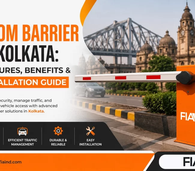 Automatic boom barrier installed in Kolkata for vehicle access control, parking management, and security by First Idea Automation (FIA).