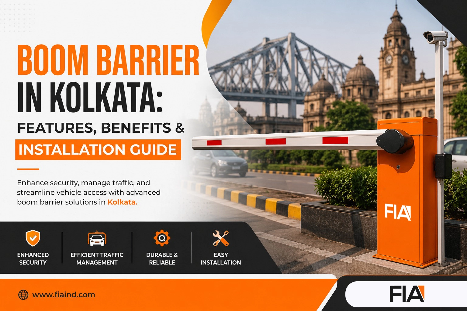 Automatic boom barrier installed in Kolkata for vehicle access control, parking management, and security by First Idea Automation (FIA).