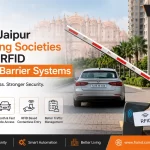RFID automatic boom barrier system installed at a Jaipur housing society entrance for secure vehicle access and smart parking management by FIA.