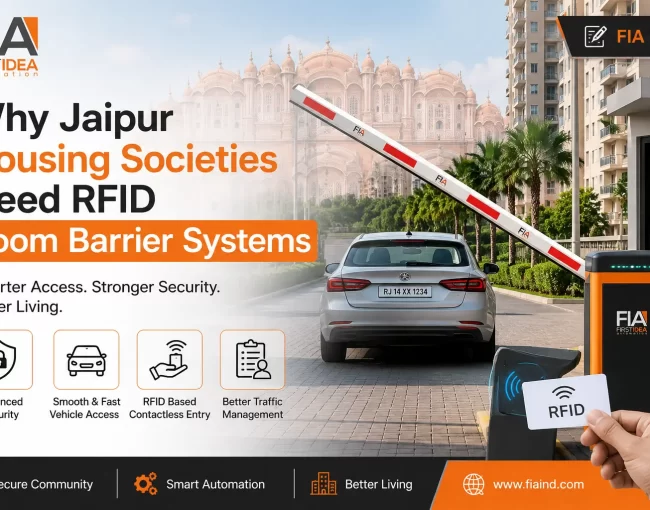 RFID automatic boom barrier system installed at a Jaipur housing society entrance for secure vehicle access and smart parking management by FIA.