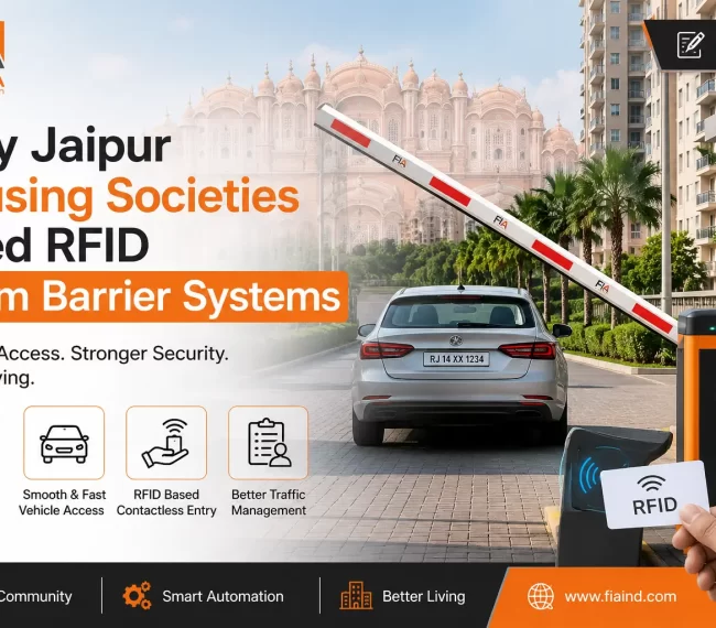RFID automatic boom barrier system installed at a Jaipur housing society entrance for secure vehicle access and smart parking management by FIA.