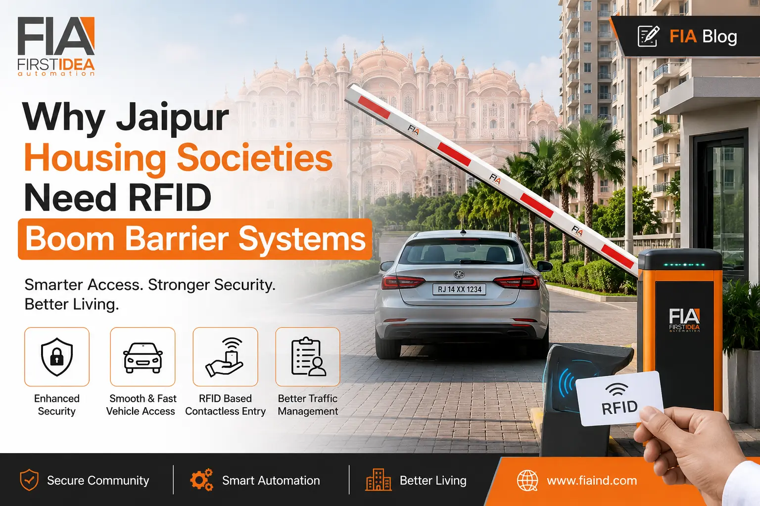 RFID automatic boom barrier system installed at a Jaipur housing society entrance for secure vehicle access and smart parking management by FIA.