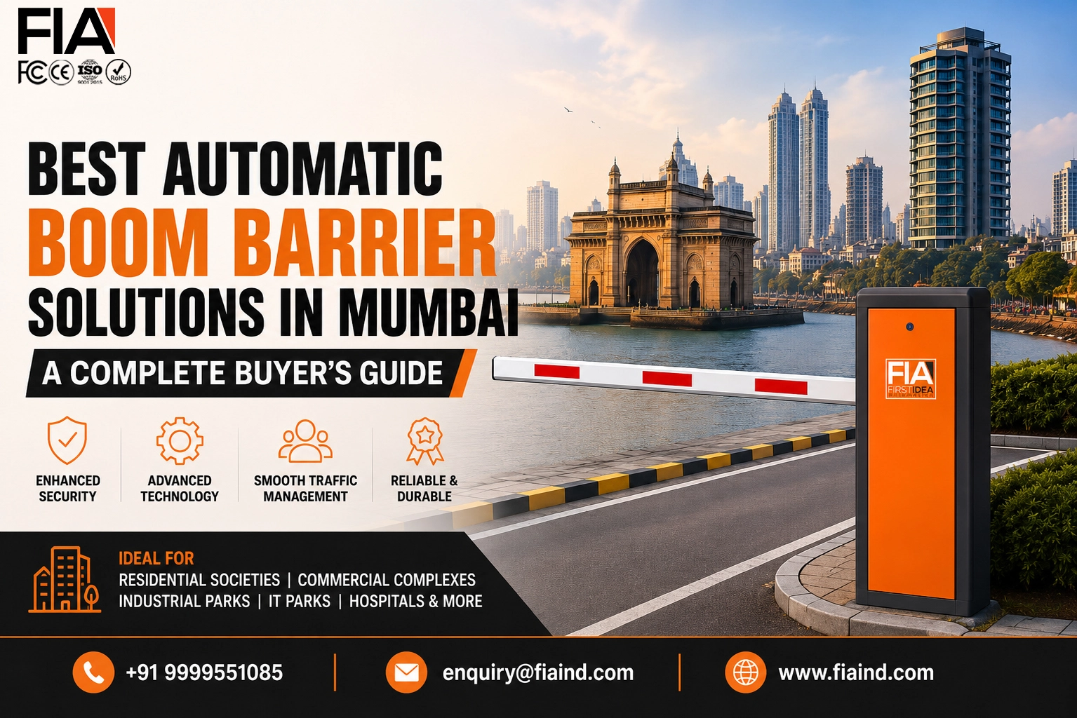 Automatic boom barrier solutions in Mumbai with RFID access control system for commercial buildings, residential societies, industries, and parking management by FIA.