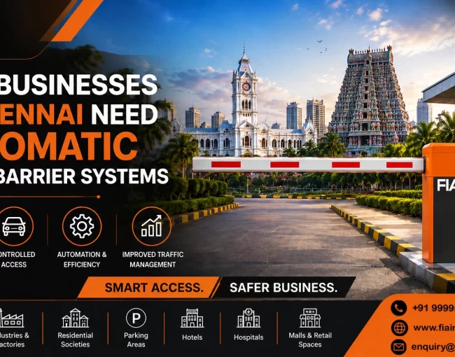 Automatic boom barrier system installed at a commercial property in Chennai to improve vehicle access control, parking management, and business security.