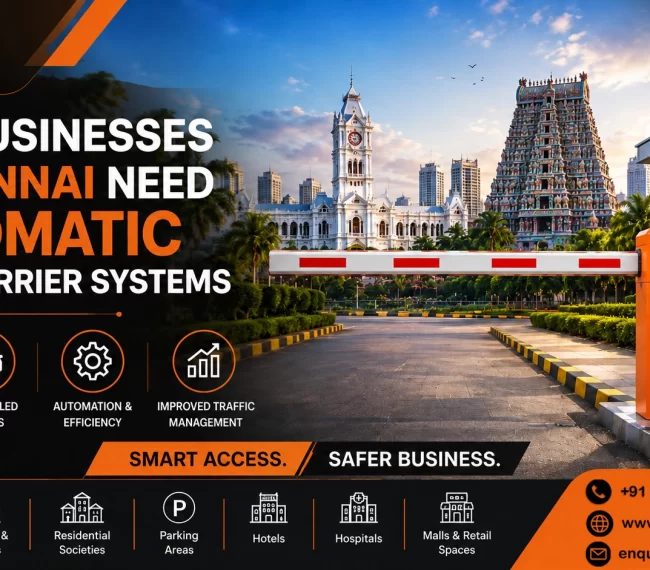 Automatic boom barrier system installed at a commercial property in Chennai to improve vehicle access control, parking management, and business security.