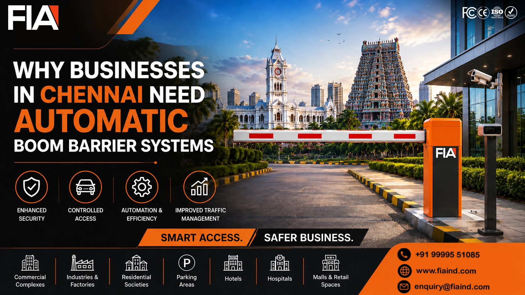 Automatic boom barrier system installed at a commercial property in Chennai to improve vehicle access control, parking management, and business security.