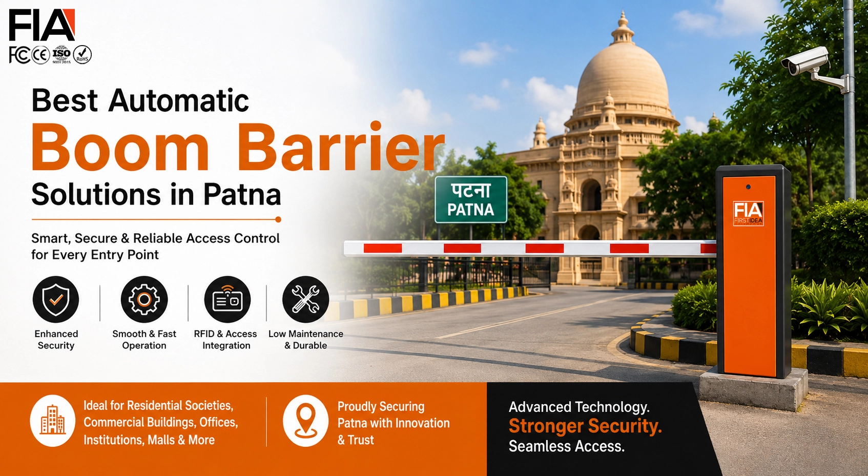 Automatic boom barrier installed at a commercial entrance in Patna for secure vehicle access control by FIA First Idea Automation