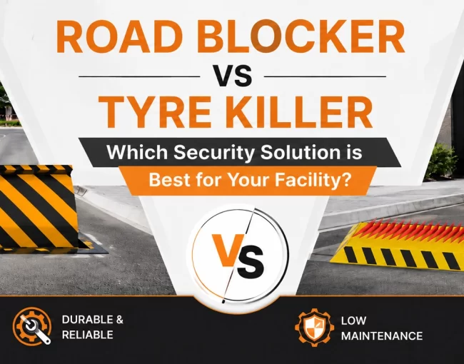 Comparison of a hydraulic road blocker and tyre killer installed at a secure facility entrance to help businesses choose the right vehicle access control and perimeter security solution.