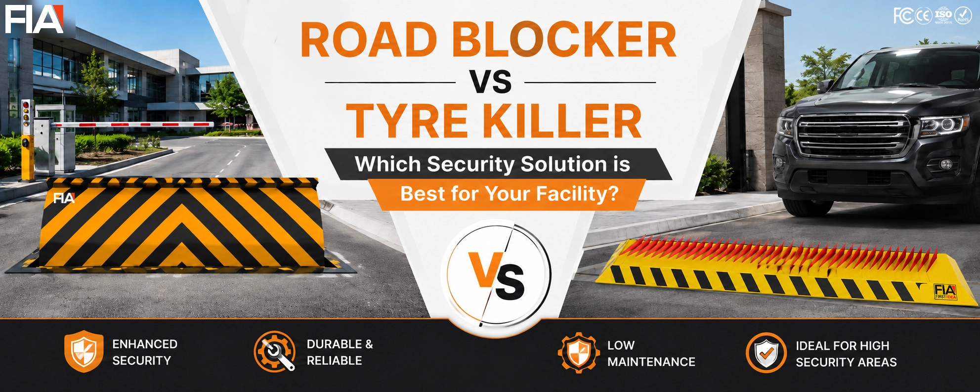 Comparison of a hydraulic road blocker and tyre killer installed at a secure facility entrance to help businesses choose the right vehicle access control and perimeter security solution.