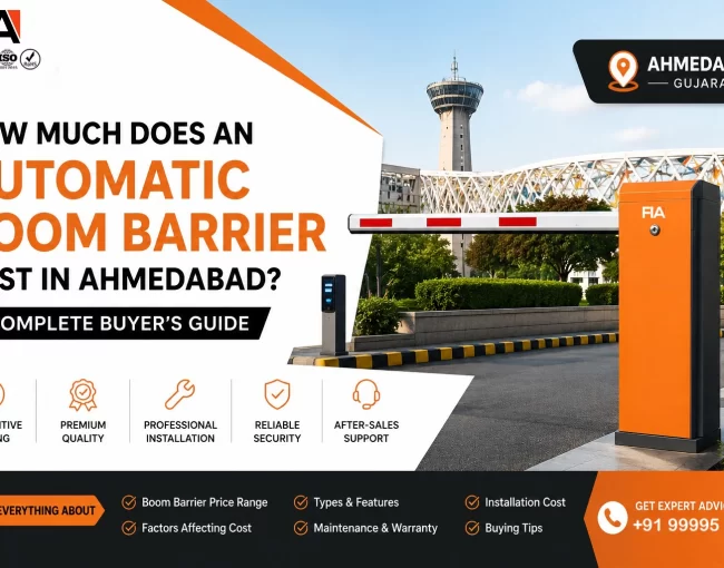 Automatic Boom Barrier Cost in Ahmedabad – Complete Buyer's Guide by FIA showing an automatic boom barrier system for parking, commercial buildings, societies, and industrial access control in Gujarat.