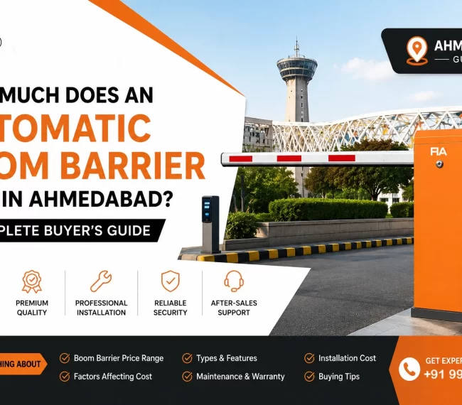 Automatic Boom Barrier Cost in Ahmedabad – Complete Buyer's Guide by FIA showing an automatic boom barrier system for parking, commercial buildings, societies, and industrial access control in Gujarat.