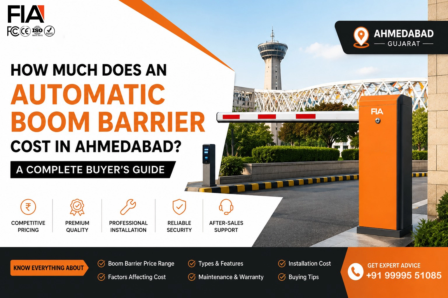 Automatic Boom Barrier Cost in Ahmedabad – Complete Buyer's Guide by FIA showing an automatic boom barrier system for parking, commercial buildings, societies, and industrial access control in Gujarat.