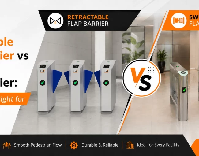 Comparison of Retractable Flap Barrier and Swing Flap Barrier access control systems by FIA, highlighting their features, security, and suitability for commercial, corporate, metro, airport, and industrial facilities.