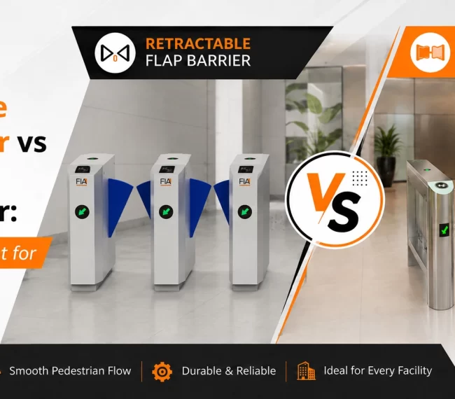 Comparison of Retractable Flap Barrier and Swing Flap Barrier access control systems by FIA, highlighting their features, security, and suitability for commercial, corporate, metro, airport, and industrial facilities.