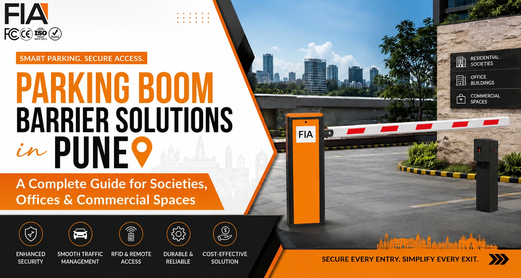Parking Boom Barrier Solutions in Pune by FIA for residential societies, office buildings, and commercial spaces with RFID access control, secure vehicle entry, automated parking management, and traffic control system.
