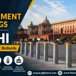 Hydraulic bollards installed outside a government building in Delhi for high-security vehicle access control and anti-ram protection.