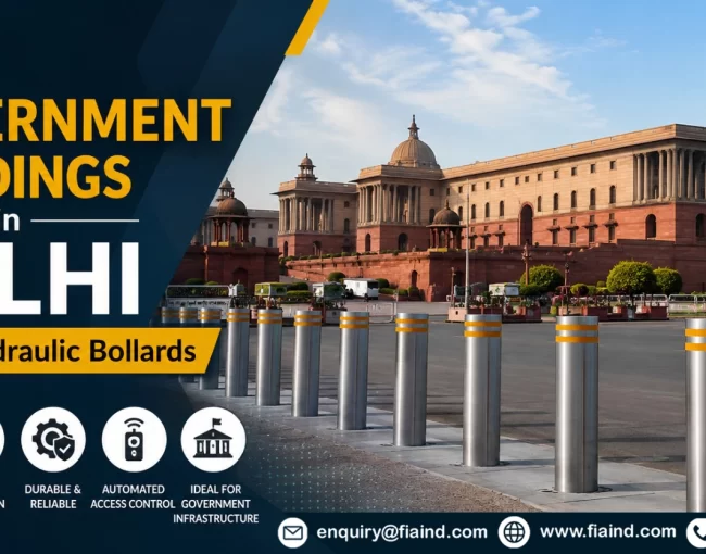 Hydraulic bollards installed outside a government building in Delhi for high-security vehicle access control and anti-ram protection.