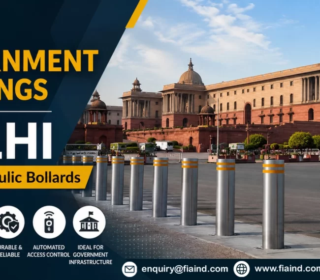 Hydraulic bollards installed outside a government building in Delhi for high-security vehicle access control and anti-ram protection.