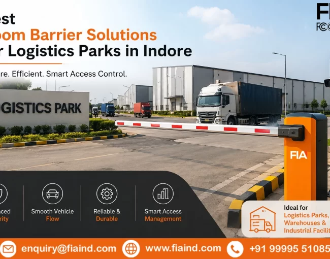 Automatic boom barrier installed at a modern logistics park in Indore, providing secure vehicle access control for warehouses, industrial facilities, and commercial logistics hubs.