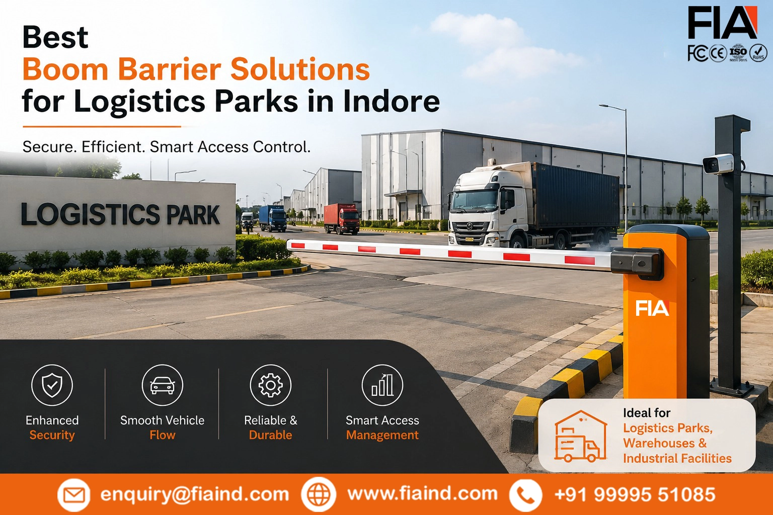 Automatic boom barrier installed at a modern logistics park in Indore, providing secure vehicle access control for warehouses, industrial facilities, and commercial logistics hubs.