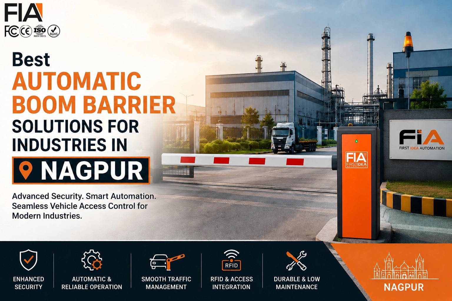 Automatic Boom Barrier Solutions for Industries in Nagpur by FIA for secure vehicle access control with RFID integration and industrial gate automation.