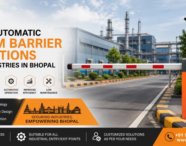 Automatic boom barrier installed at an industrial entrance in Bhopal, showcasing FIA's advanced access control solution for secure vehicle management and industrial security.