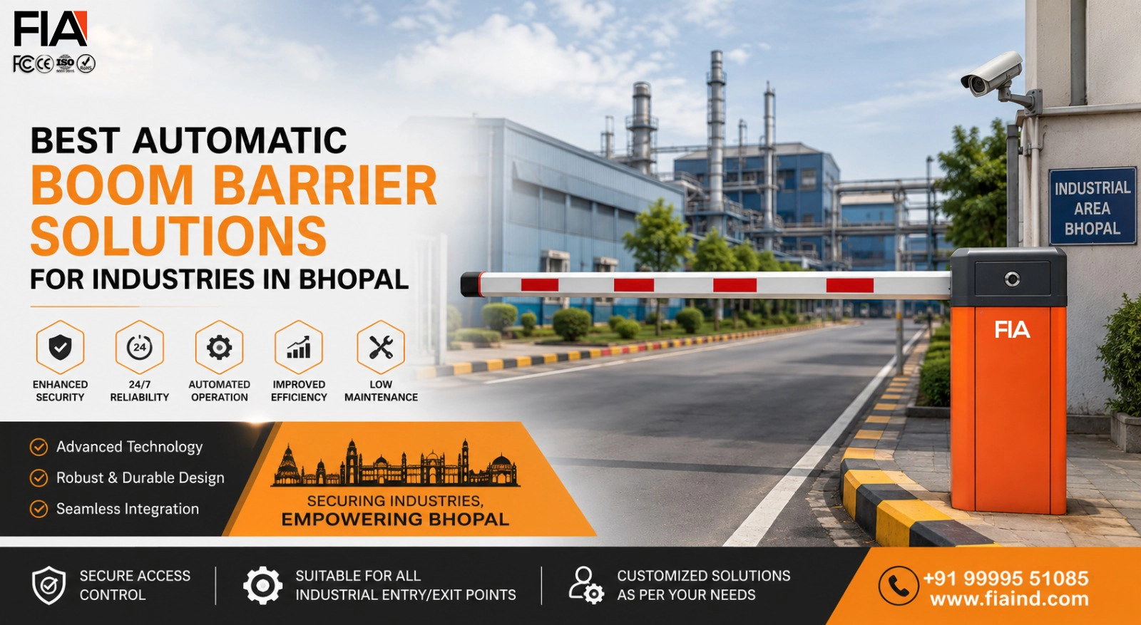 Automatic boom barrier installed at an industrial entrance in Bhopal, showcasing FIA's advanced access control solution for secure vehicle management and industrial security.