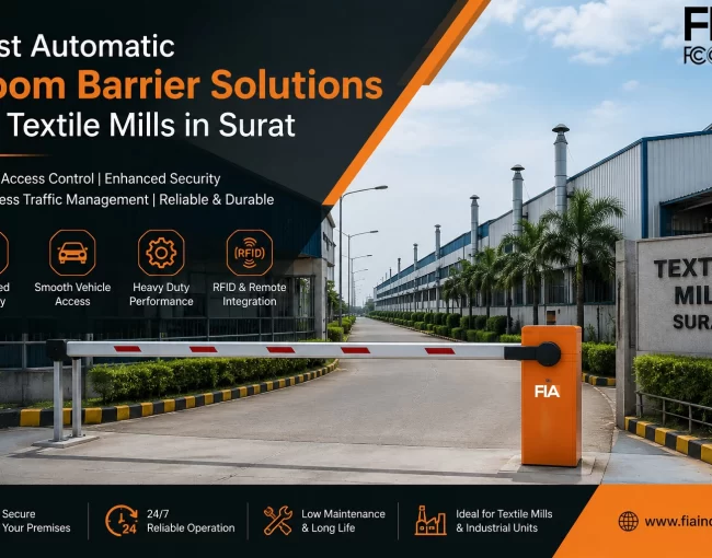 Automatic boom barrier installed at the entrance of a textile mill in Surat for secure vehicle access control, RFID integration, and industrial traffic management by FIA.