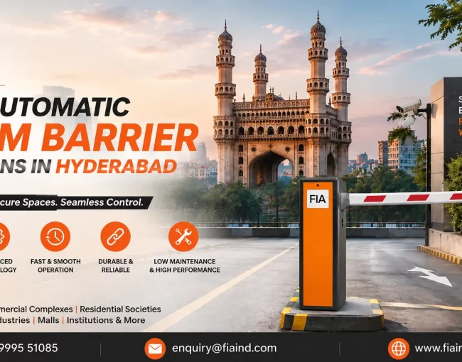 Best Automatic Boom Barrier Solutions in Hyderabad by FIA featuring RFID-enabled parking boom barrier for IT parks, commercial buildings, residential societies, hospitals, and industrial facilities.