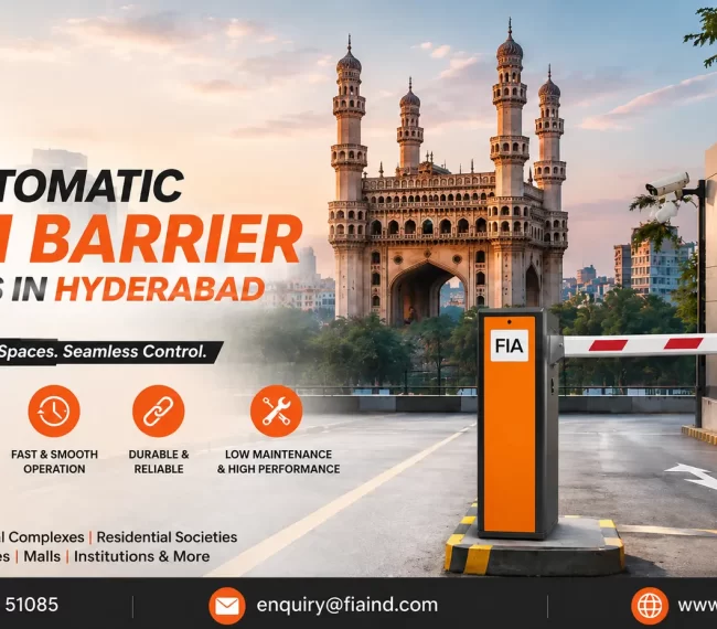 Best Automatic Boom Barrier Solutions in Hyderabad by FIA featuring RFID-enabled parking boom barrier for IT parks, commercial buildings, residential societies, hospitals, and industrial facilities.