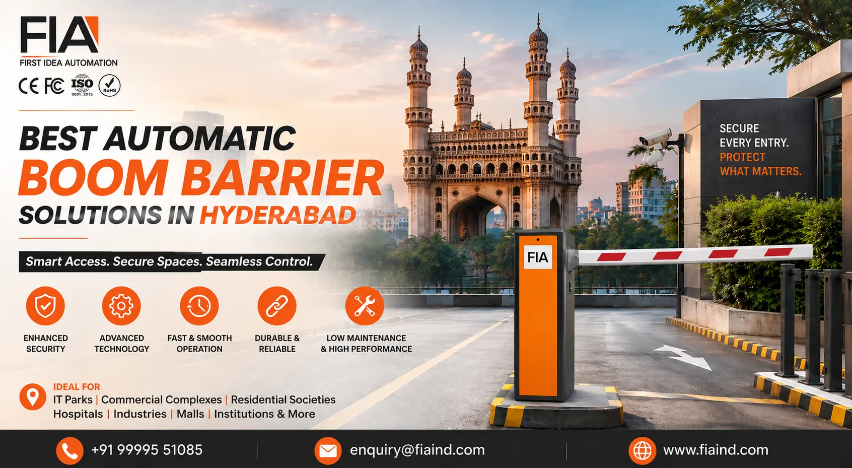 Best Automatic Boom Barrier Solutions in Hyderabad by FIA featuring RFID-enabled parking boom barrier for IT parks, commercial buildings, residential societies, hospitals, and industrial facilities.